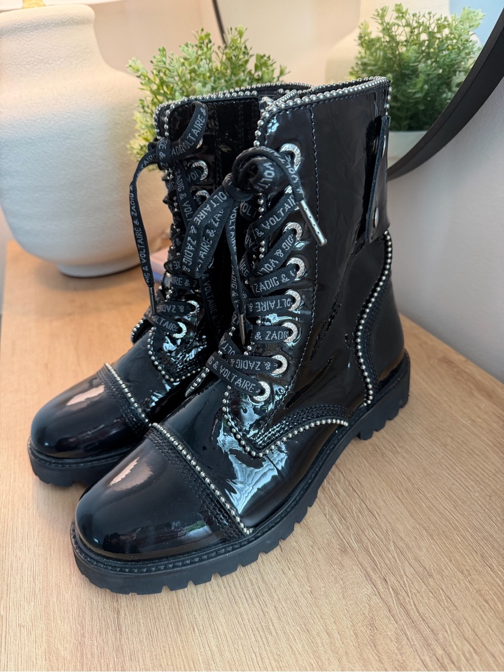 Zadig & Voltaire Joe Black Patent Lace-Up Combat Boots with Stud Trim